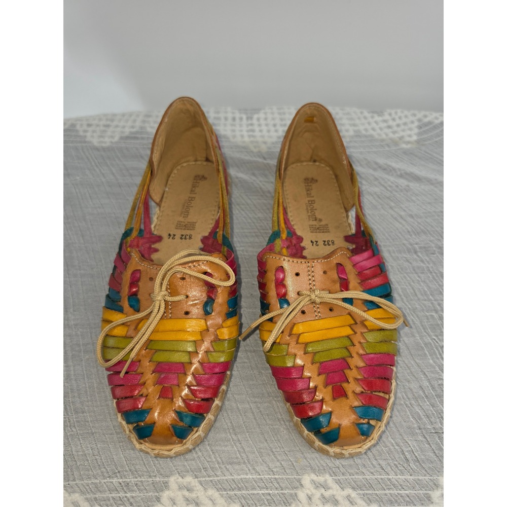 Hikal Bolom Mexican Huarache Espadrille Flats Rainbow Woven Leather Multi 24